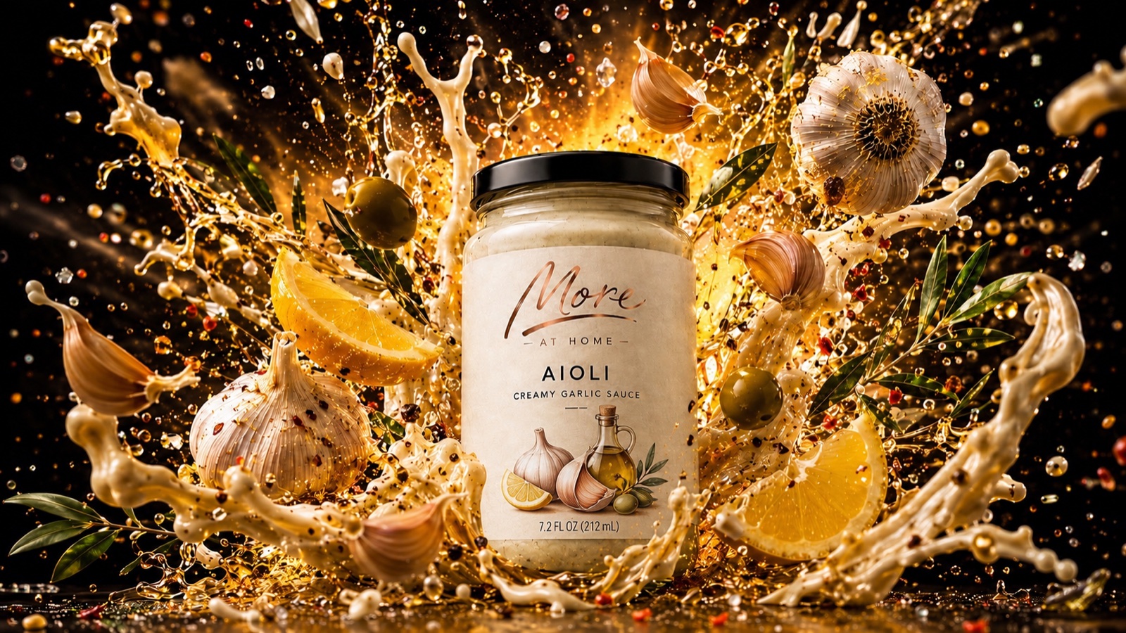 Aioli van THE NINE omringd door citroen, knoflook en olijven