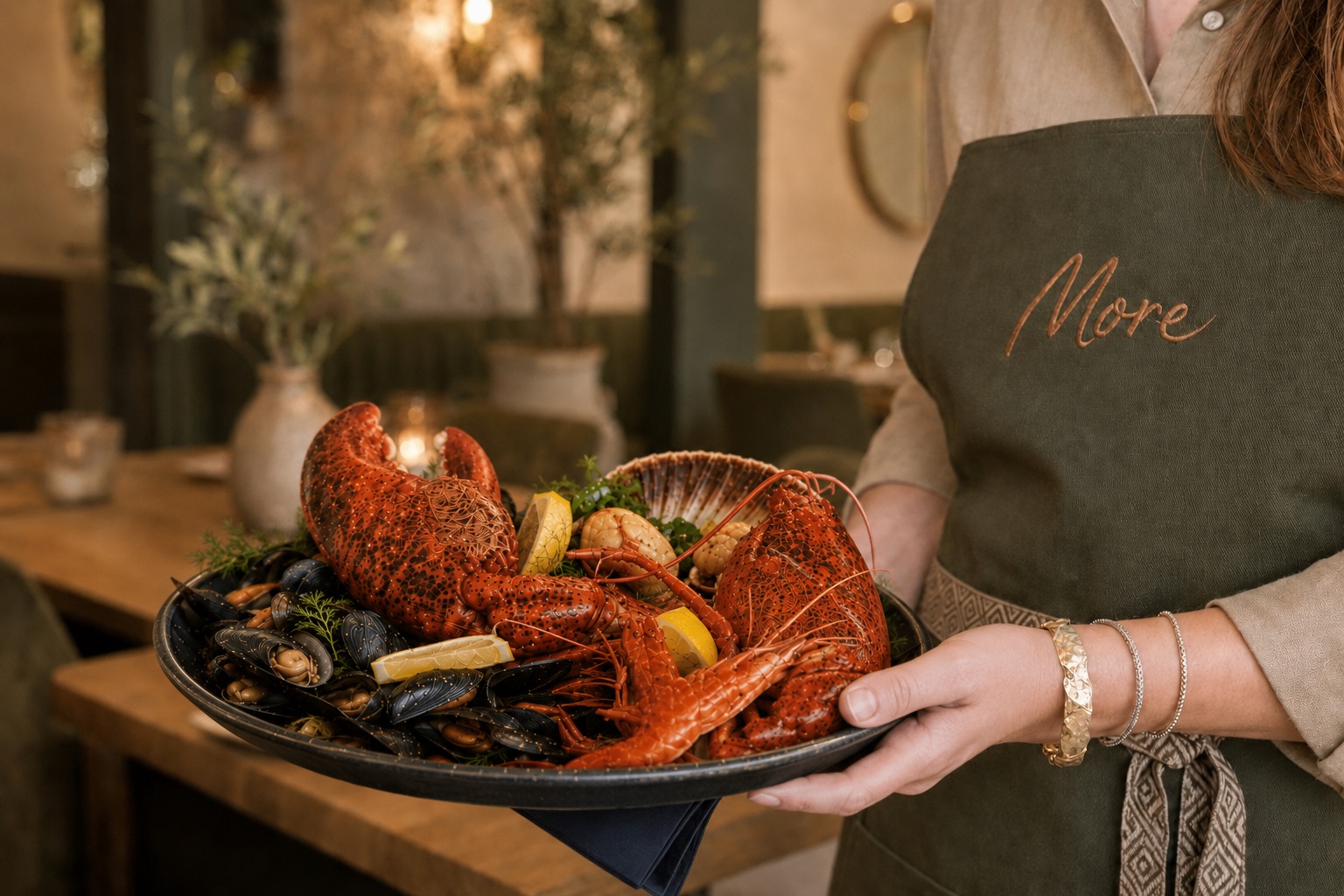 Een medewerker van MORE serveert een schaal met kreeft en schelpdieren