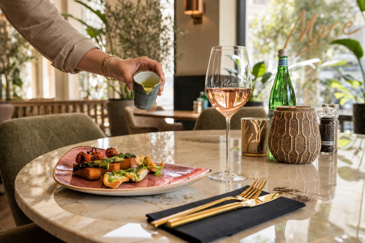 Kleurrijk lunchgerecht met een glas rosé