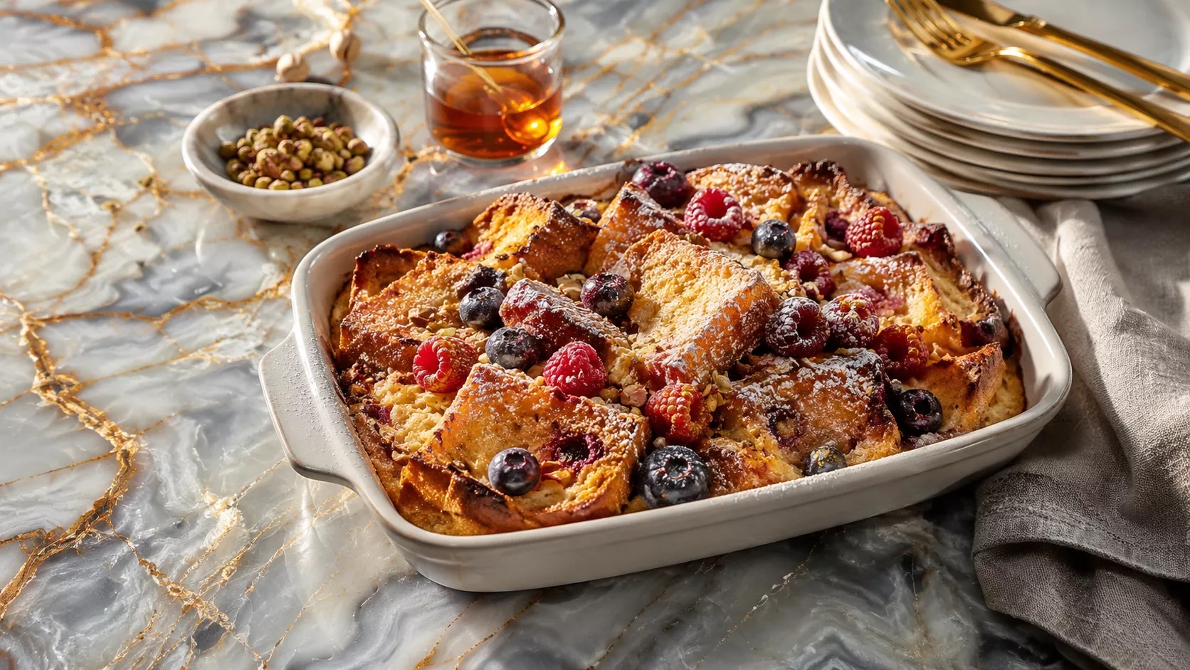 Brioche wentelteefjesschotel met rode bessen en pistache