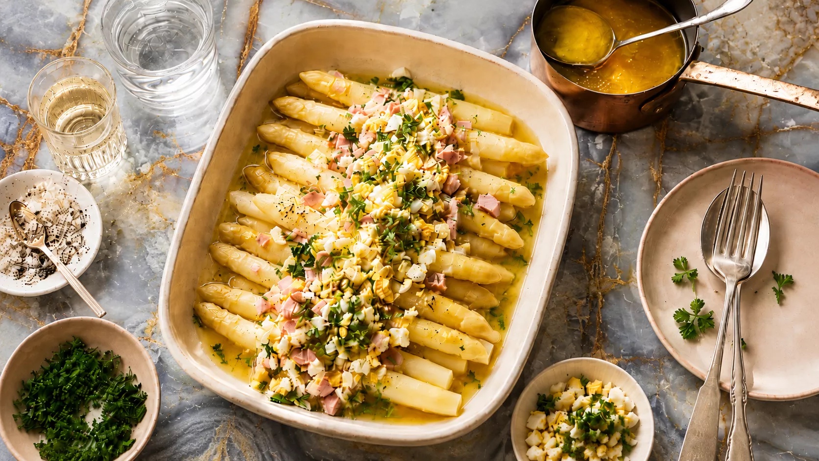 Witte asperges met ei, ham en bruine boter