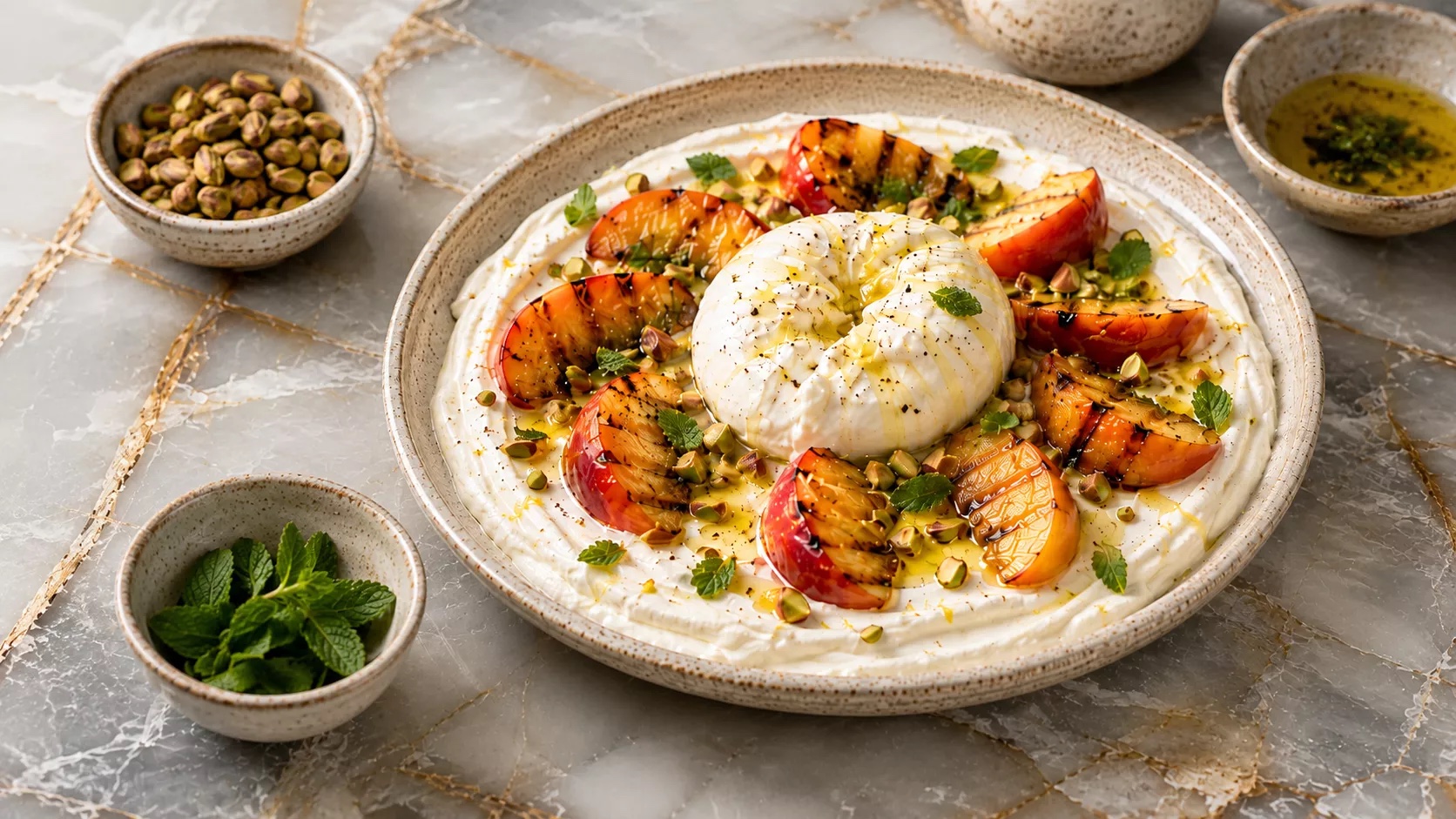 Geklopte yoghurt met burrata en gegrilde nectarines